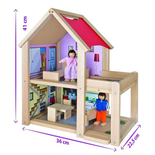EICHHORN Casa delle Bambole in Legno 75x50x55 cm con Accessori e 2 Bambole