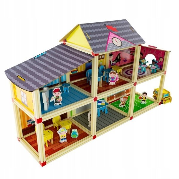 Casa delle bambole Scuola con mobili e figure in legno per bambini 2+ anni