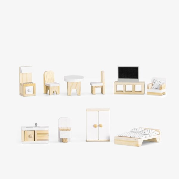 Casetta per bambole in legno Navaris 3 piani con 11 mobili e luci LED