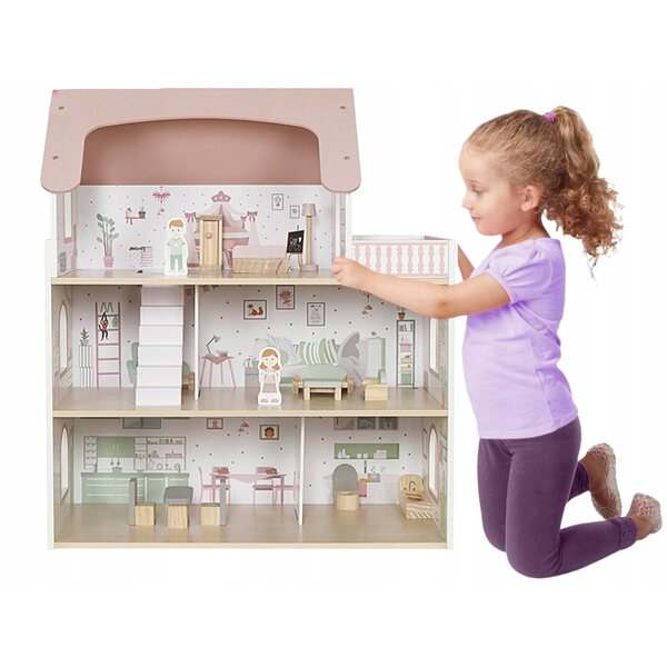 DREWNIANY DOMEK DLA LALEK DUŻY XXL RÓŻOWA WILLA Z MEBELKAMI AKCESORIA LED