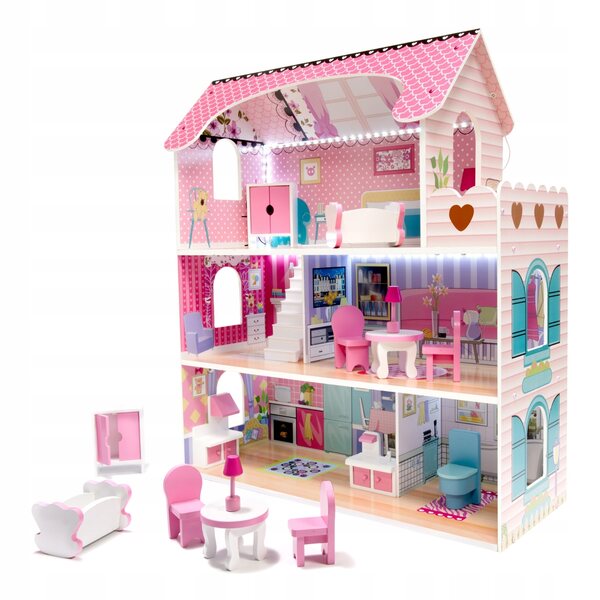 Casa delle bambole Pakamena 70 cm con arredi in legno e luci LED