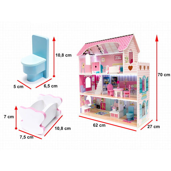 Casa delle bambole Pakamena 70 cm con arredi in legno e luci LED