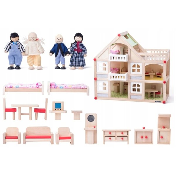 Casa delle bambole Woody 55 cm con accessori e balcone, in legno, resistente