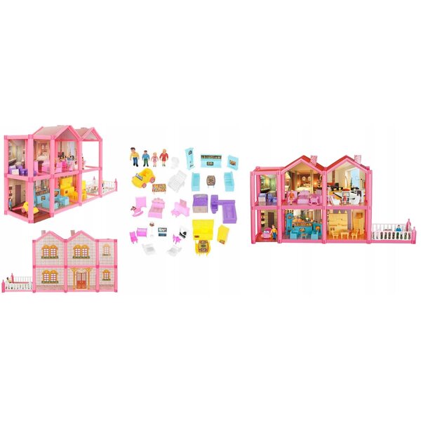 Casa delle bambole LandToys a 2 piani e 136 pezzi, set di montaggio rosa