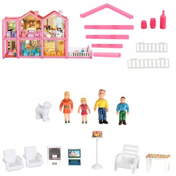 Casa delle bambole LandToys a 2 piani e 136 pezzi, set di montaggio rosa