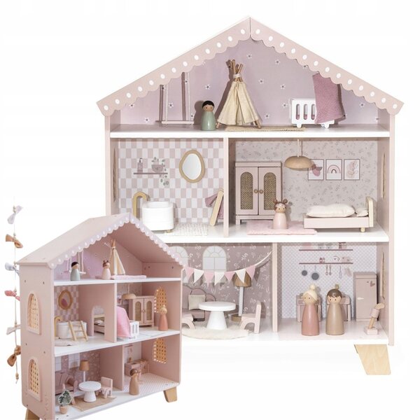 Dolls House in legno rosa con arredi e personaggi - età 3+