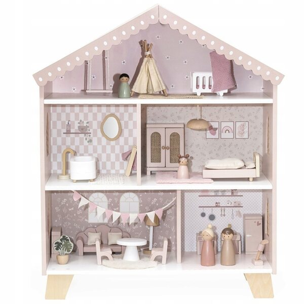 Dolls House in legno rosa con arredi e personaggi - età 3+
