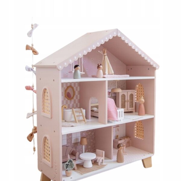 Dolls House in legno rosa con arredi e personaggi - età 3+