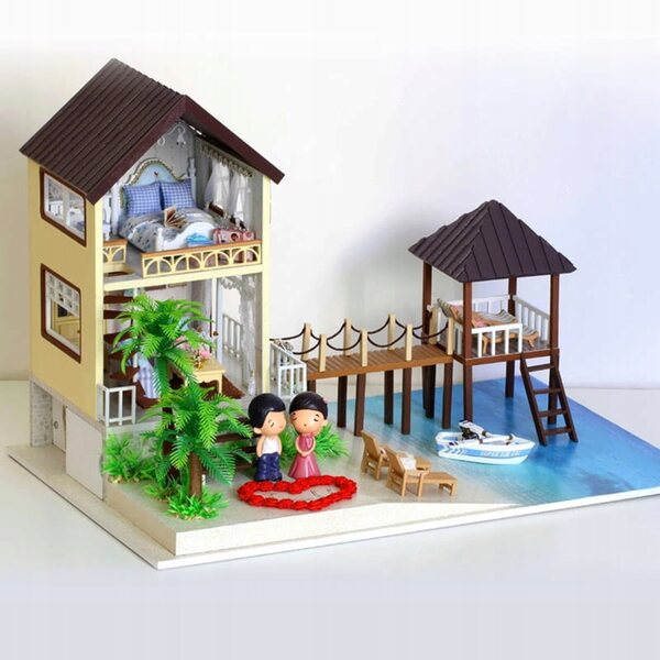 Habarri Puppenhaus aus Holz mit LED-Hintergrundbeleuchtung, 26,2 cm, für Kinder ab 7 Jahren