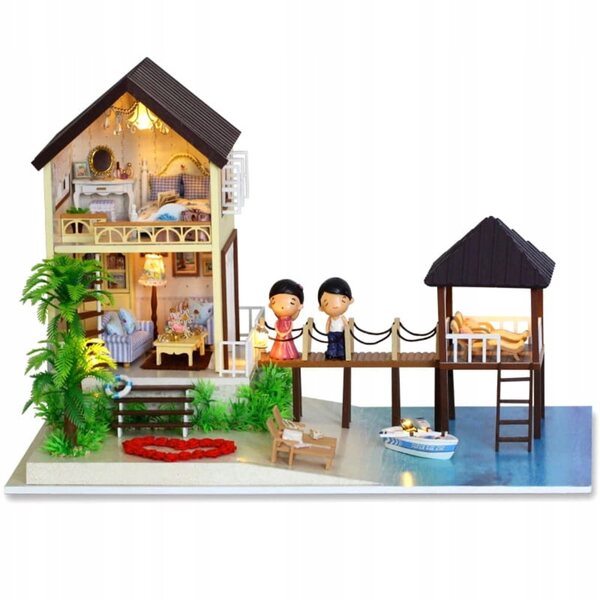 Habarri Puppenhaus aus Holz mit LED-Hintergrundbeleuchtung, 26,2 cm, für Kinder ab 7 Jahren