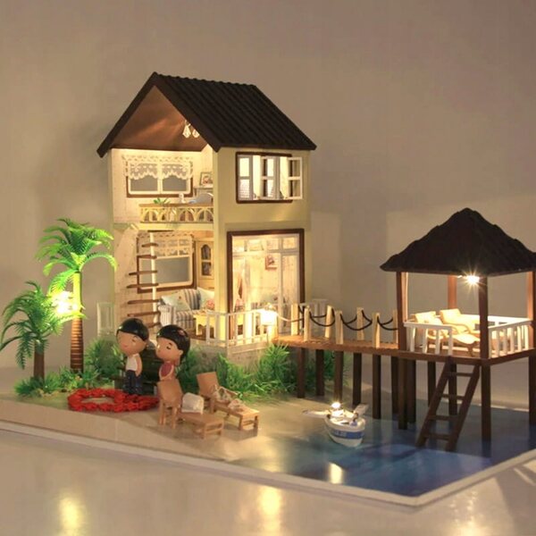 Habarri Puppenhaus aus Holz mit LED-Hintergrundbeleuchtung, 26,2 cm, für Kinder ab 7 Jahren