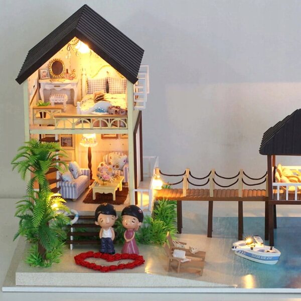Habarri Puppenhaus aus Holz mit LED-Hintergrundbeleuchtung, 26,2 cm, für Kinder ab 7 Jahren