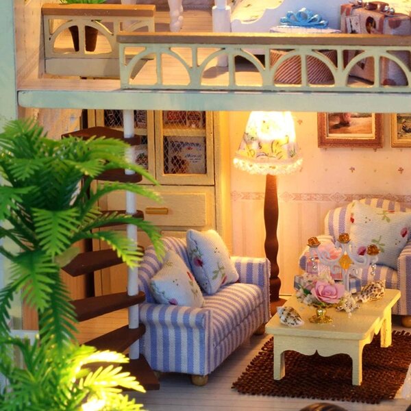 Habarri Puppenhaus aus Holz mit LED-Hintergrundbeleuchtung, 26,2 cm, für Kinder ab 7 Jahren