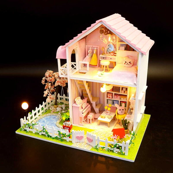 Maison miniature à deux étages avec LED, modèle DIY en bois Habarri