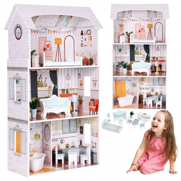 Casa delle bambole in legno Alice 96 cm con 3 piani e 9 mobili