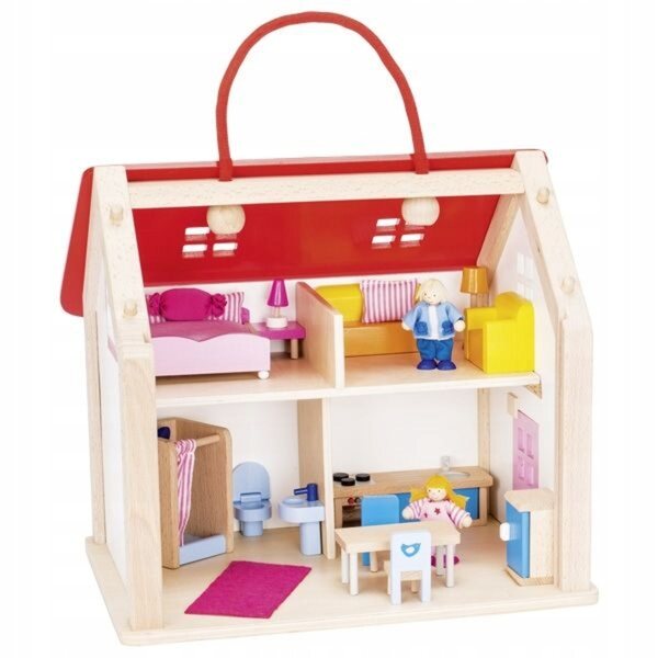 Tragbares Goki-Puppenhaus aus Holz, 28 cm, mit zu öffnenden Fenstern und Türen