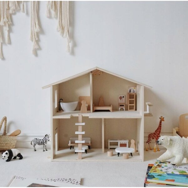 Casa delle bambole in legno a due piani dei Nunukids con mobili e accessori