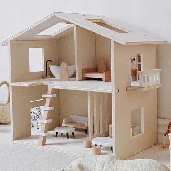 Casa delle bambole in legno a due piani dei Nunukids con mobili e accessori