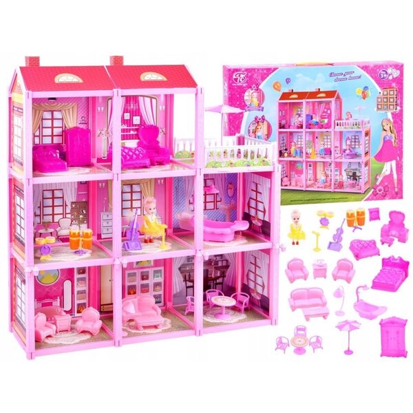 Große Puppenvilla mit rosa Möbeln und Accessoires mit 8 Zimmern und Taras