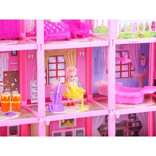 Große Puppenvilla mit rosa Möbeln und Accessoires mit 8 Zimmern und Taras