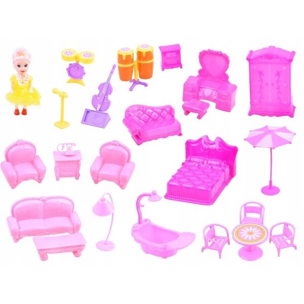 Große Puppenvilla mit rosa Möbeln und Accessoires mit 8 Zimmern und Taras