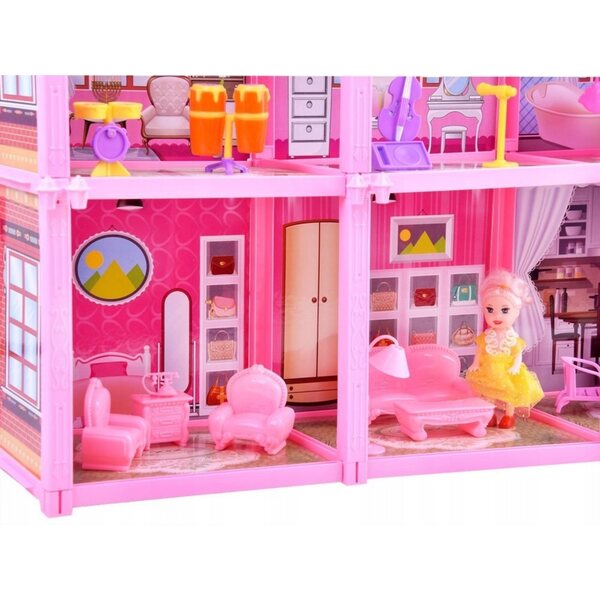 Große Puppenvilla mit rosa Möbeln und Accessoires mit 8 Zimmern und Taras