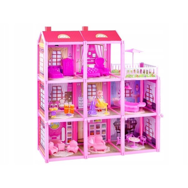 Große Puppenvilla mit rosa Möbeln und Accessoires mit 8 Zimmern und Taras