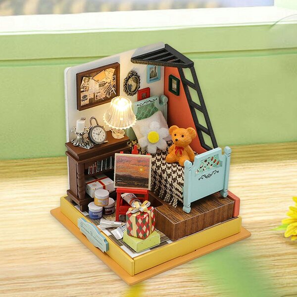DIY Miniaturowy domek dla lalek Puzzle 3D Ozdoby z diodami LED w stylu B