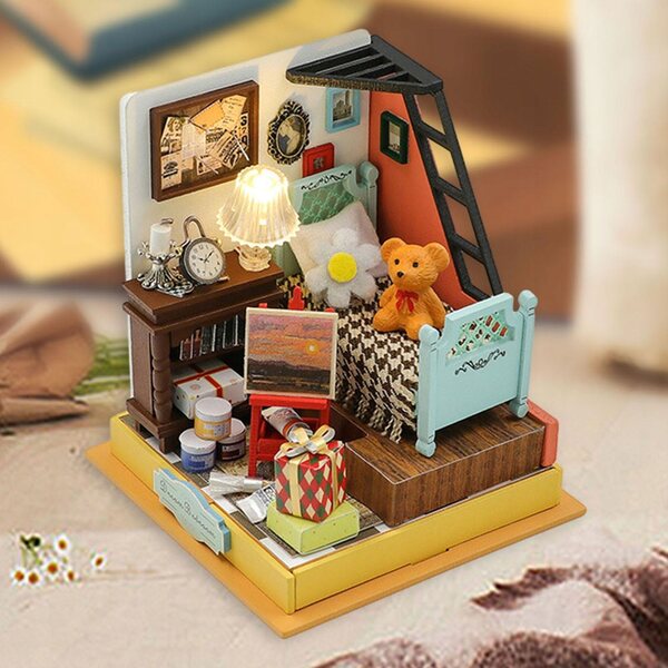 DIY Miniaturowy domek dla lalek Puzzle 3D Ozdoby z diodami LED w stylu B