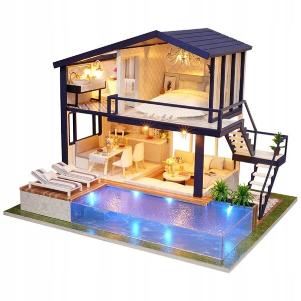 Miniatura casa delle bambole in legno con luci LED e arredamento moderno fai da te