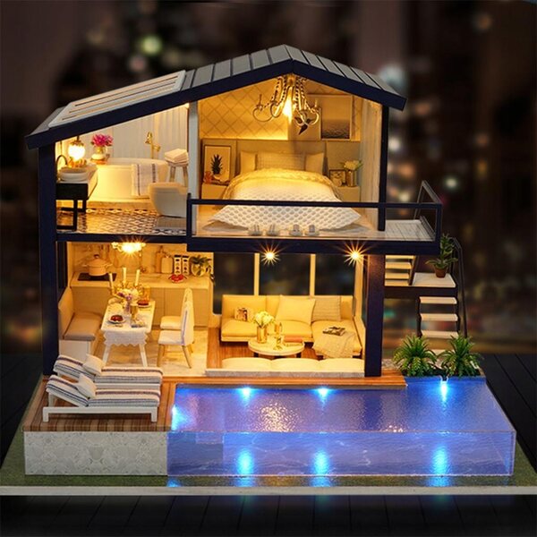 Miniatura casa delle bambole in legno con luci LED e arredamento moderno fai da te