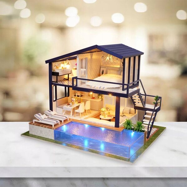 Miniatura casa delle bambole in legno con luci LED e arredamento moderno fai da te
