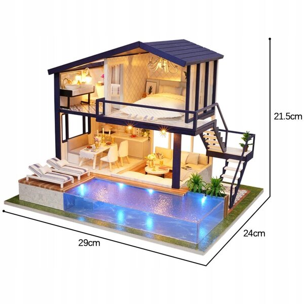 Miniatura casa delle bambole in legno con luci LED e arredamento moderno fai da te