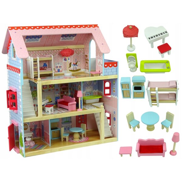 LEAN Toys Großes Puppenhaus aus Holz mit bunten Möbeln, 67 cm