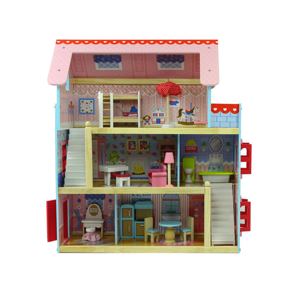 Grande casa delle bambole in legno LEAN Toys con mobili colorati 67 cm