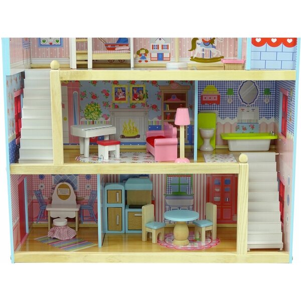 Grande casa delle bambole in legno LEAN Toys con mobili colorati 67 cm