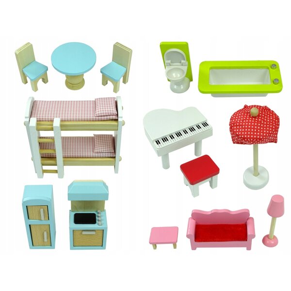 Grande casa delle bambole in legno LEAN Toys con mobili colorati 67 cm