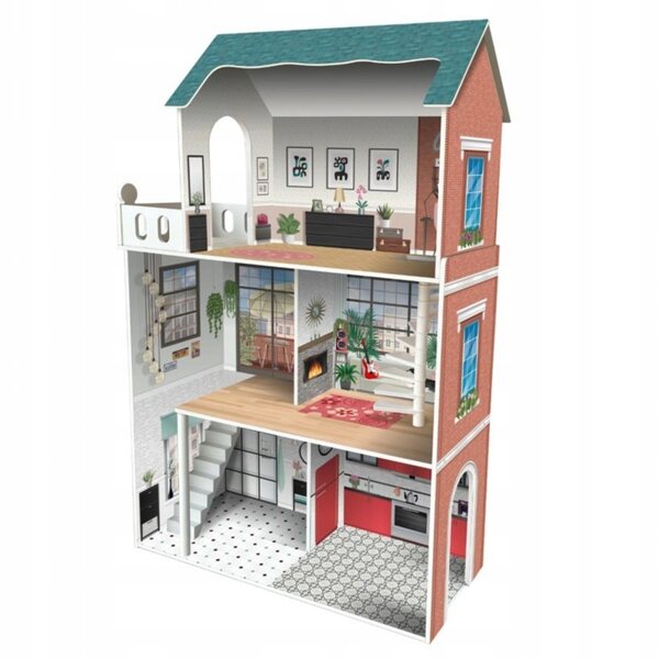Doll house in wood, 3 floors, 120cm high, with 8 furniture pieces and terrace