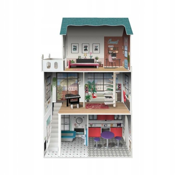 Doll house in wood, 3 floors, 120cm high, with 8 furniture pieces and terrace