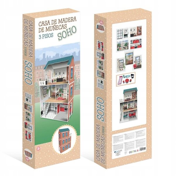 Doll house in wood, 3 floors, 120cm high, with 8 furniture pieces and terrace