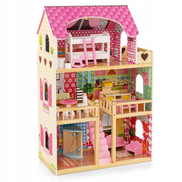 Costway Puppenhaus aus Holz, 91 cm, mit 3 Etagen und 15 rosa Möbelstücken