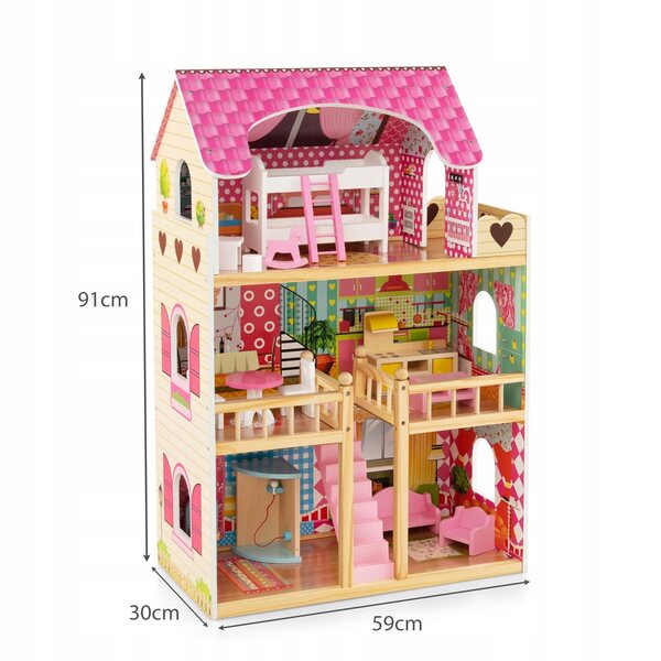 Costway Puppenhaus aus Holz, 91 cm, mit 3 Etagen und 15 rosa Möbelstücken