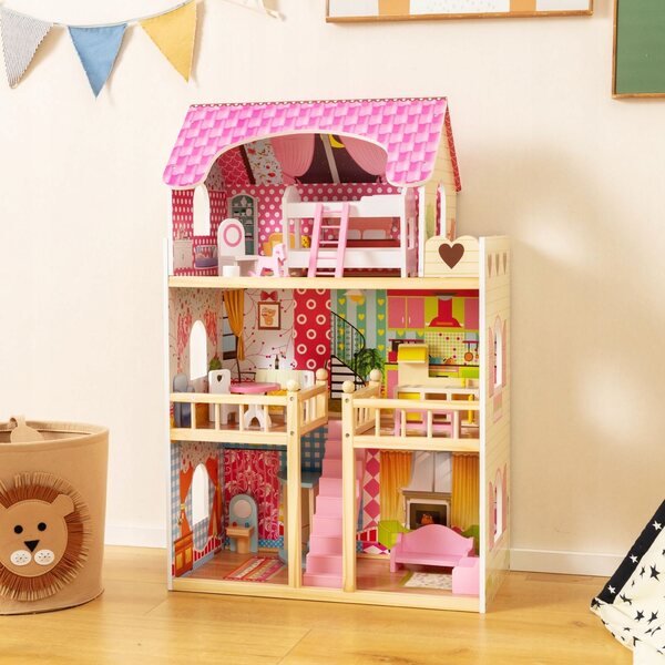 Costway Puppenhaus aus Holz, 91 cm, mit 3 Etagen und 15 rosa Möbelstücken