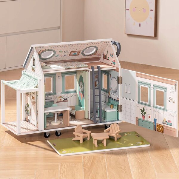 Casetta in legno per bambini in stile camper con accessori, dai 3 anni in su