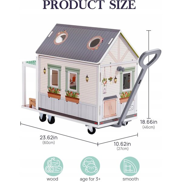 Casetta in legno per bambini in stile camper con accessori, dai 3 anni in su