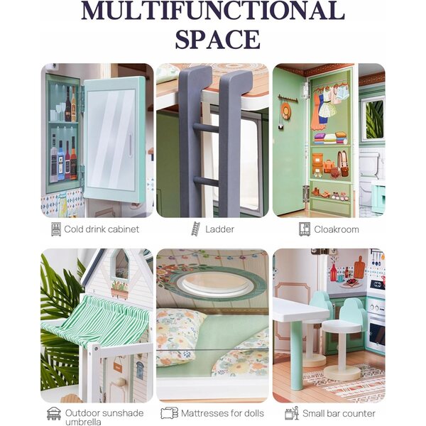 Casetta in legno per bambini in stile camper con accessori, dai 3 anni in su