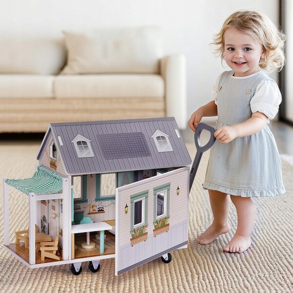 Casetta in legno per bambini in stile camper con accessori, dai 3 anni in su