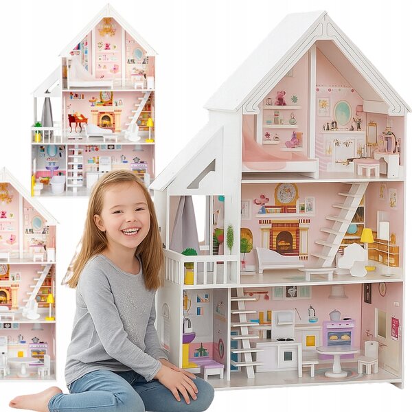 Grande Casa delle Bambole in Legno XXL 126cm con 15 Mobili Colorati per Bambine