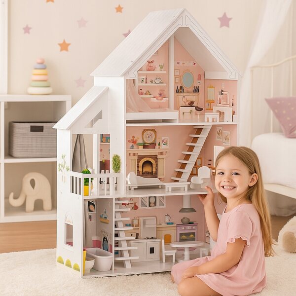 Grande Casa delle Bambole in Legno XXL 126cm con 15 Mobili Colorati per Bambine