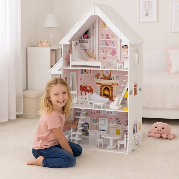 Grande Casa delle Bambole in Legno XXL 126cm con 15 Mobili Colorati per Bambine